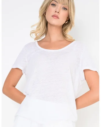 Tricou din in cu decolteu rotund, Alb