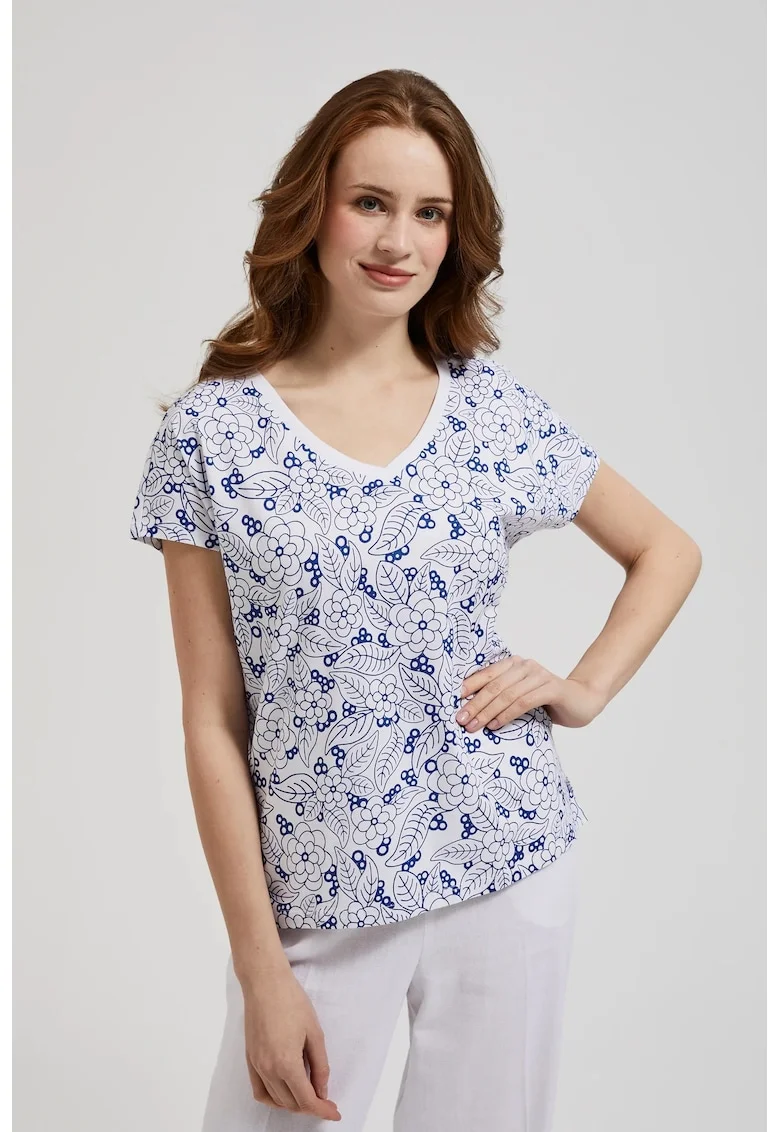 Bluza albă cu model floral și decolteu în V, Alb