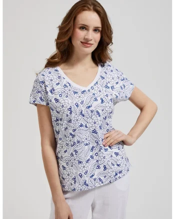 Bluza albă cu model floral și decolteu în V, Alb