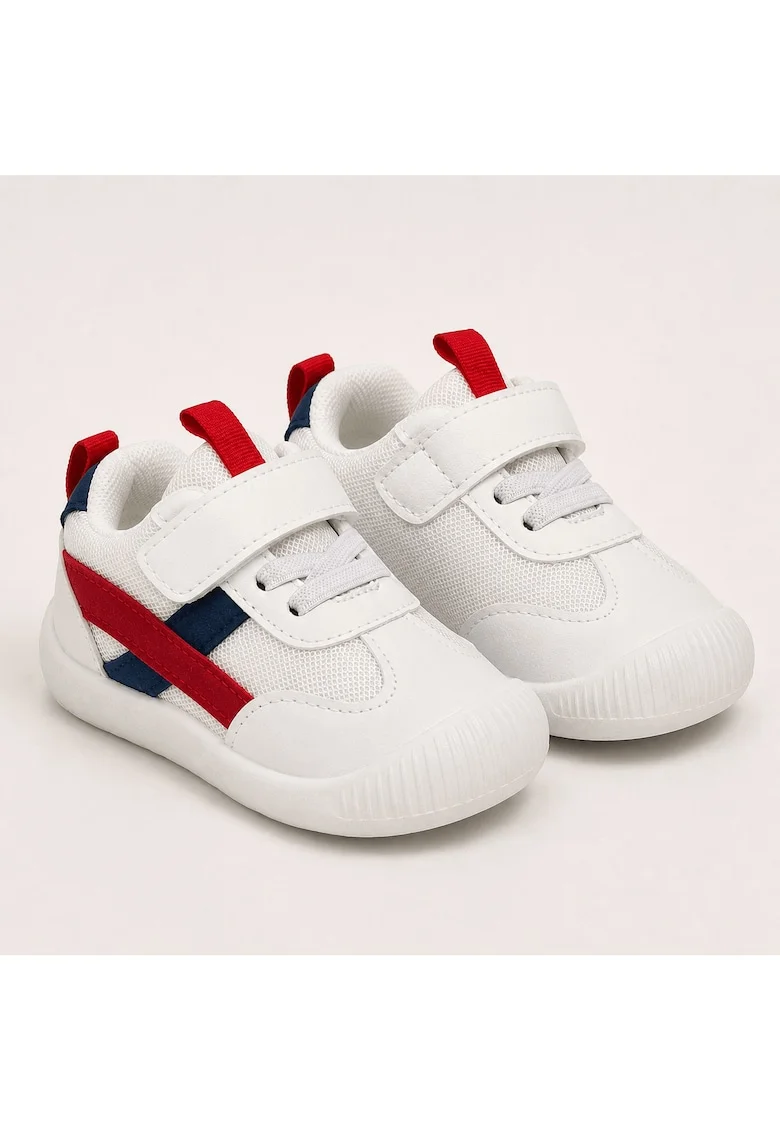 Pantofi sport primii pasi,  Talpa flexibila si antiderapanta, Inchidere Velcro, Alb/Rosu, 23EU, Rosu