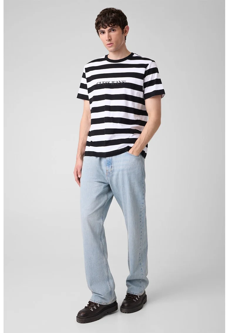 Tricou de bumbac cu dungi si logo, Alb/Negru
