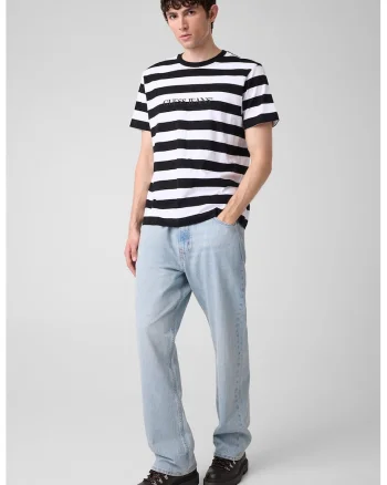 Tricou de bumbac cu dungi si logo, Alb/Negru