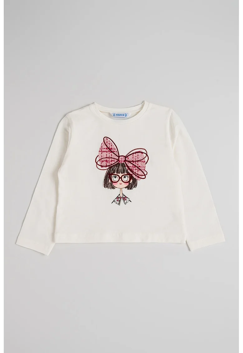Bluza din amestec de bumbac cu imprimeu, Alb fildes