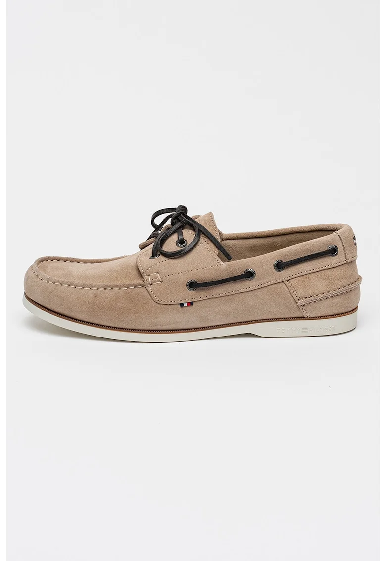 Pantofi boat din piele intoarsa cu varf rotund, Maro taupe deschis