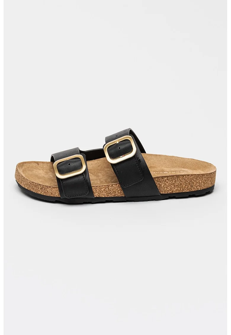 Papuci din piele cu catarame ajustabile, Negru stins
