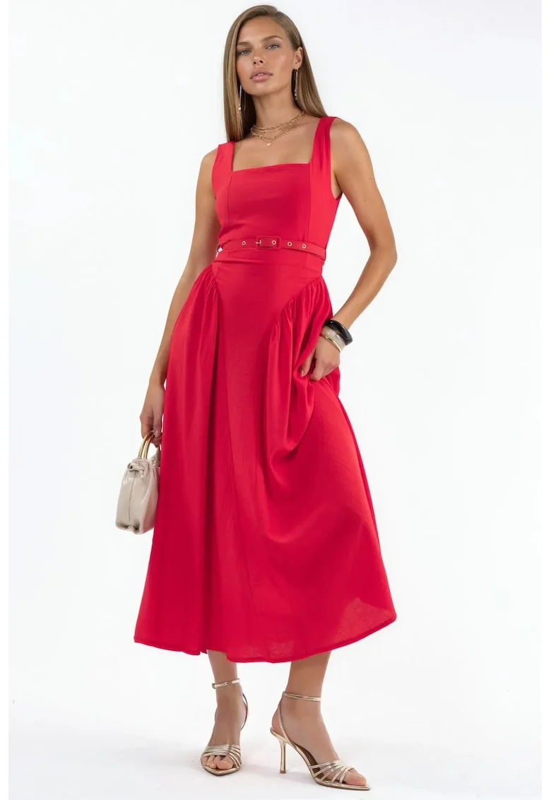 Rochie Midi  rosie, poliester, fara maneci, decolteu patrat, Rosu