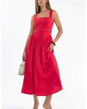 Rochie Midi  rosie, poliester, fara maneci, decolteu patrat, Rosu