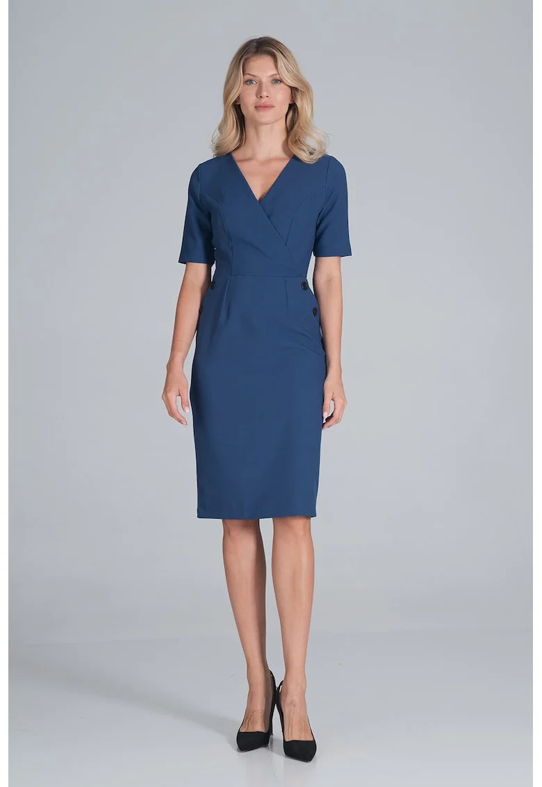 Rochie creion  maneca scurta, poliester, Bleumarin
