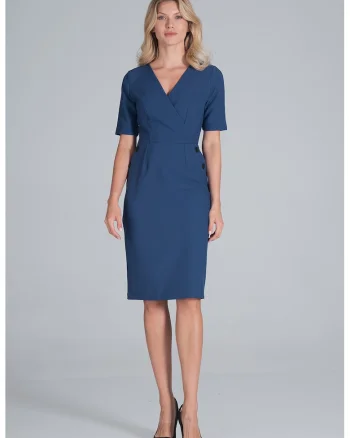 Rochie creion  maneca scurta, poliester, Bleumarin