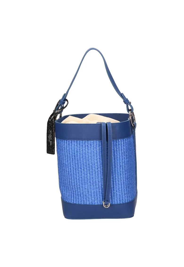 Geanta bucket de piele si material textil, Albastru indigo