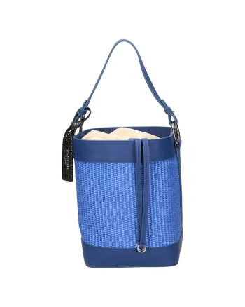 Geanta bucket de piele si material textil, Albastru indigo