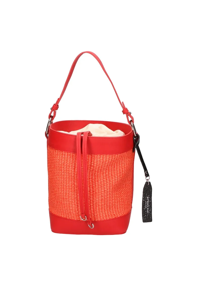 Geanta bucket de piele si material textil, Coral