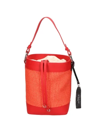 Geanta bucket de piele si material textil, Coral