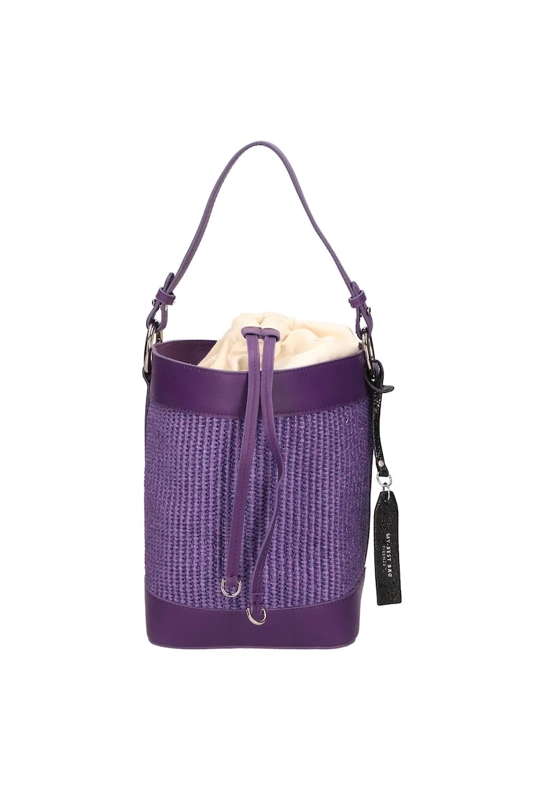 Geanta bucket de piele si material textil, Violet