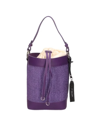 Geanta bucket de piele si material textil, Violet