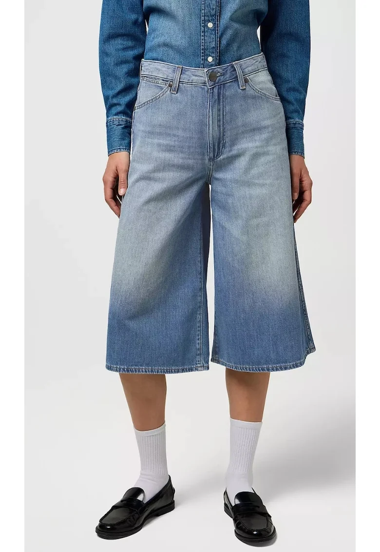 Pantaloni scurti dama,  culotte, talie inalta, albastru, bumbac
