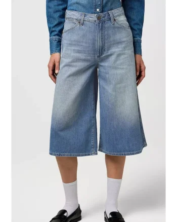Pantaloni scurti dama,  culotte, talie inalta, albastru, bumbac