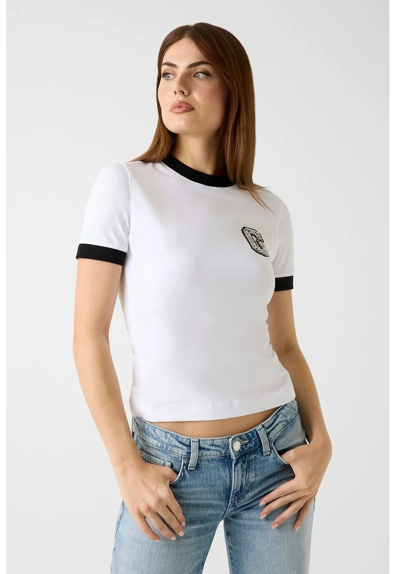 Tricou crop cu logo, Alb/Negru