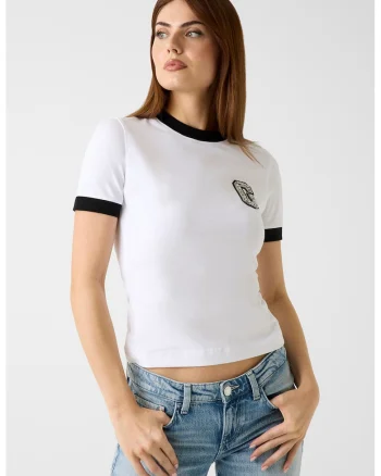 Tricou crop cu logo, Alb/Negru