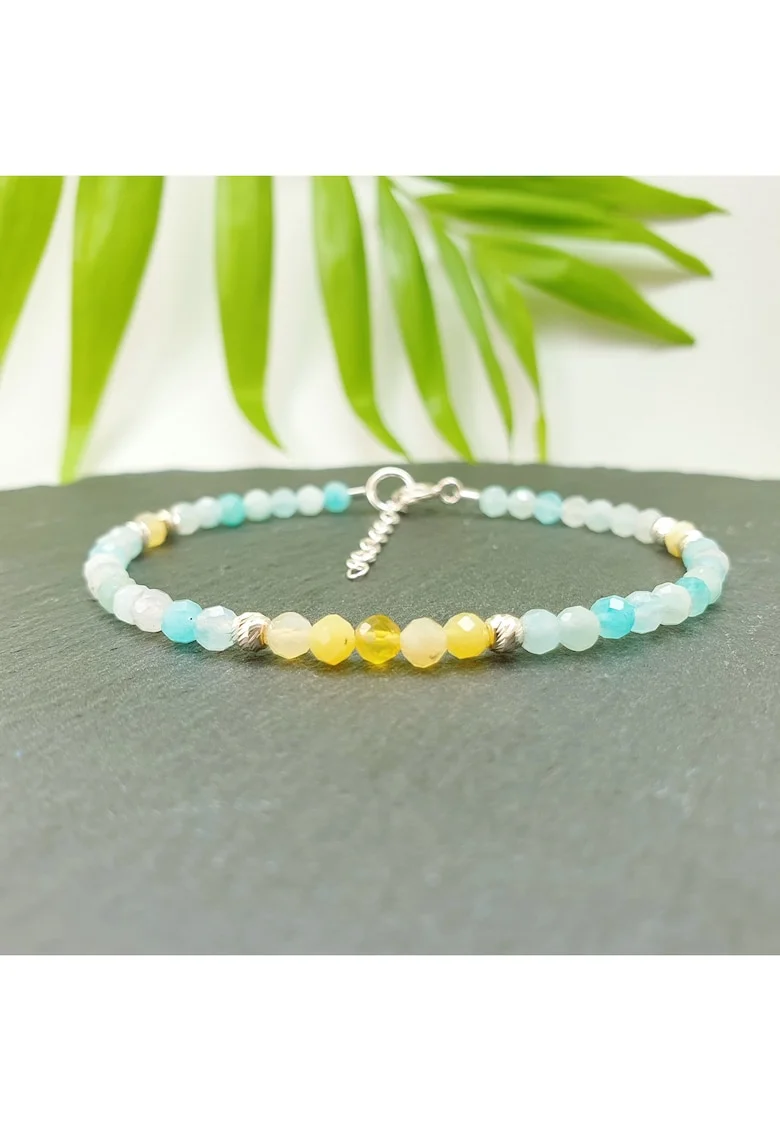 Bratara handmade din amazonit si opal galben cu argint 925, 17+2 cm