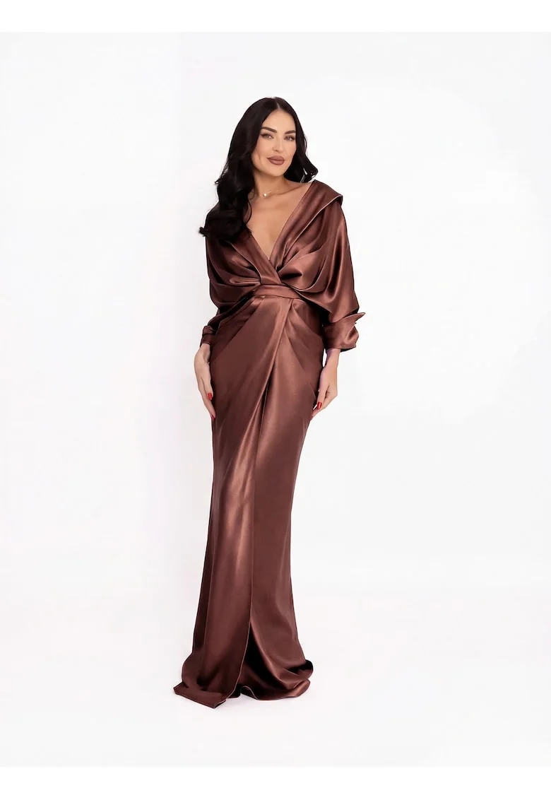 Rochie maxi,  de satin cu decolteu pe umeri, culoare Maro inchis, material sintetic, de ocazie, Maro inchis