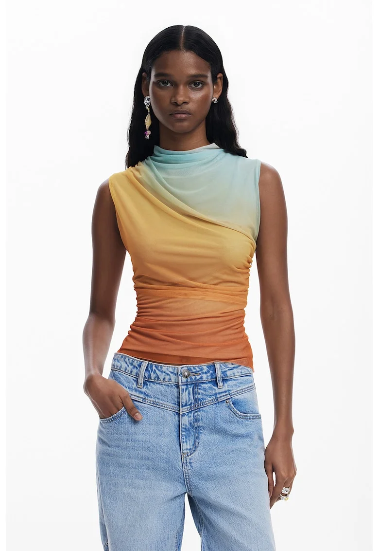 Bluza cu model in degrade si drapaj, Alb/Portocaliu