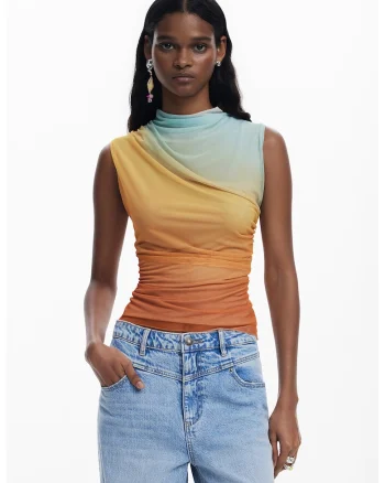 Bluza cu model in degrade si drapaj, Alb/Portocaliu