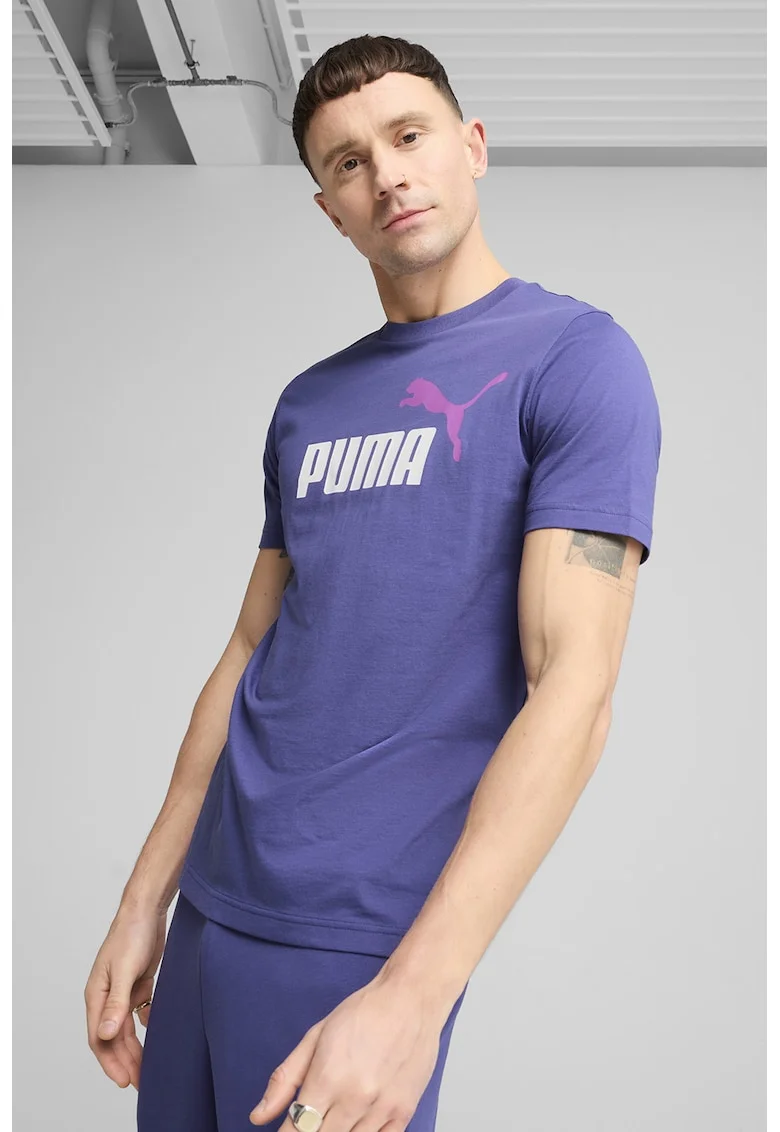 Tricou cu decolteu la baza gatului si imprimeu logo Essentials 2, Alb/Fucsia/Albastru indigo