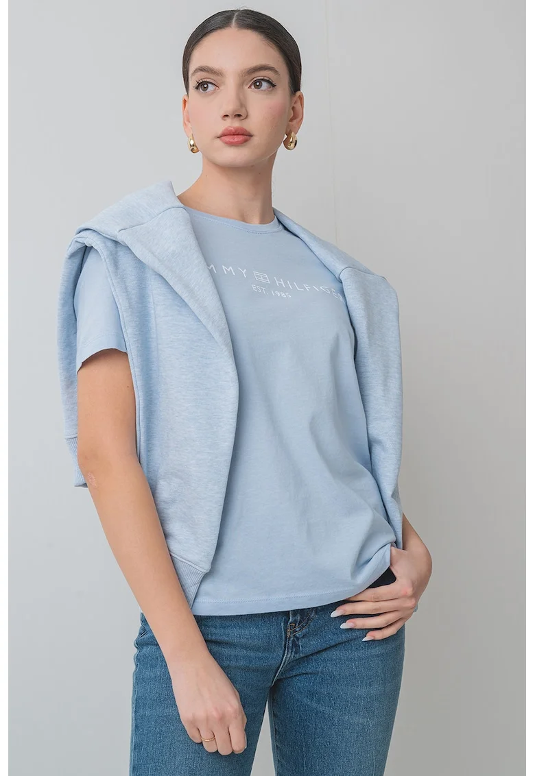 Tricou din bumbac cu imprimeu logo, Alb/Albastru deschis