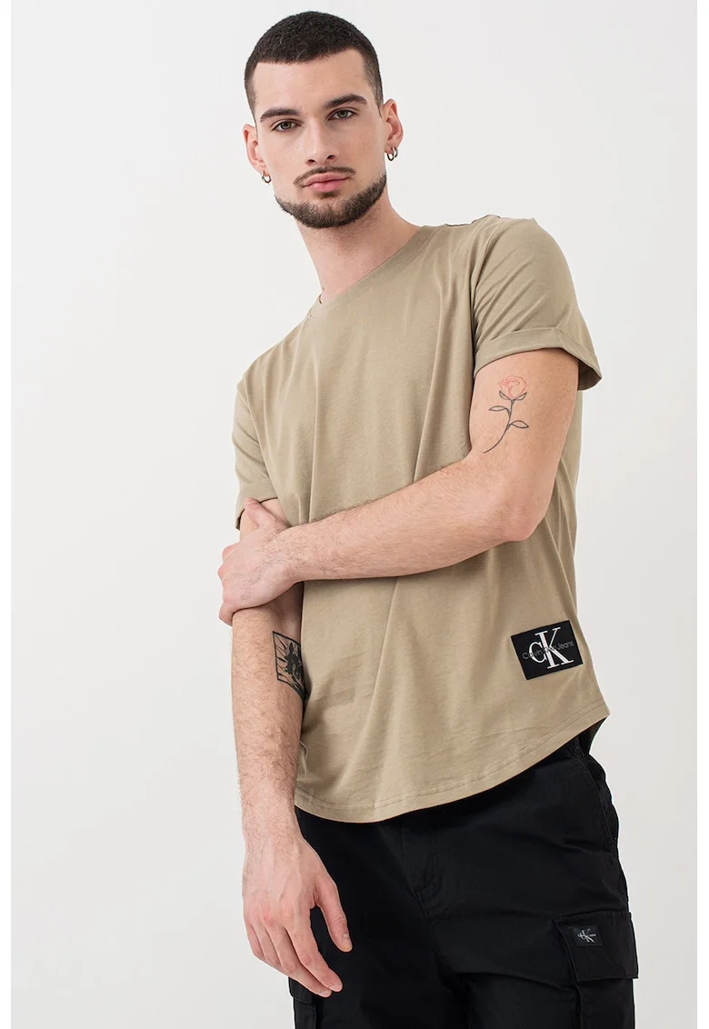 Tricou cu decolteu la baza gatului si logo aplicat, Kaki pal