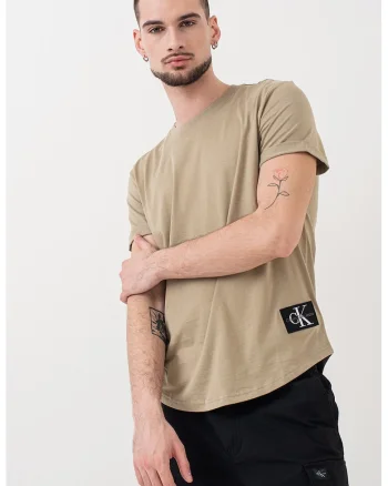 Tricou cu decolteu la baza gatului si logo aplicat, Kaki pal