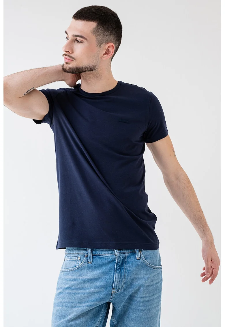 Tricou slim fit cu decolteu la baza gatului, Bleumarin