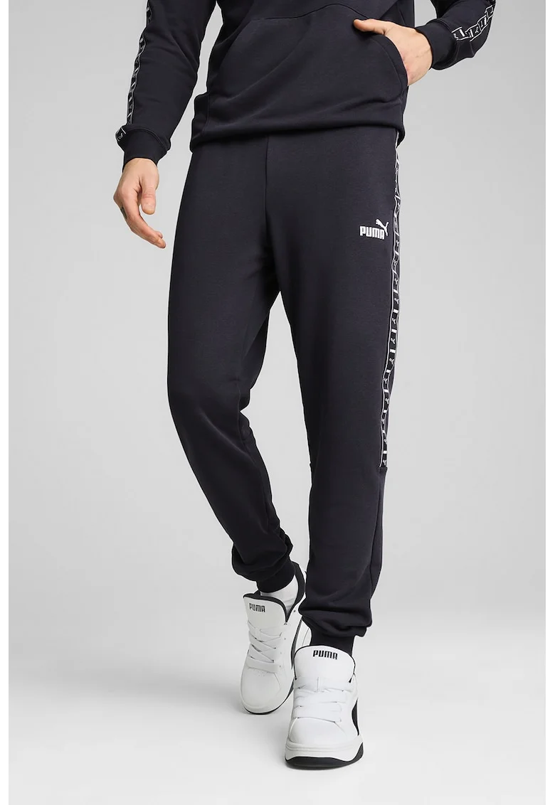 Pantaloni de trening cu croiala conica si buzunare laterale, Alb/Albastru ultramarin