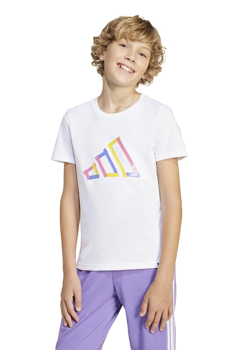 Tricou cu decolteu la baza gatului si imprimeu logo, Alb/Galben/Roz