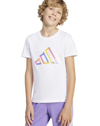 Tricou cu decolteu la baza gatului si imprimeu logo, Alb/Galben/Roz