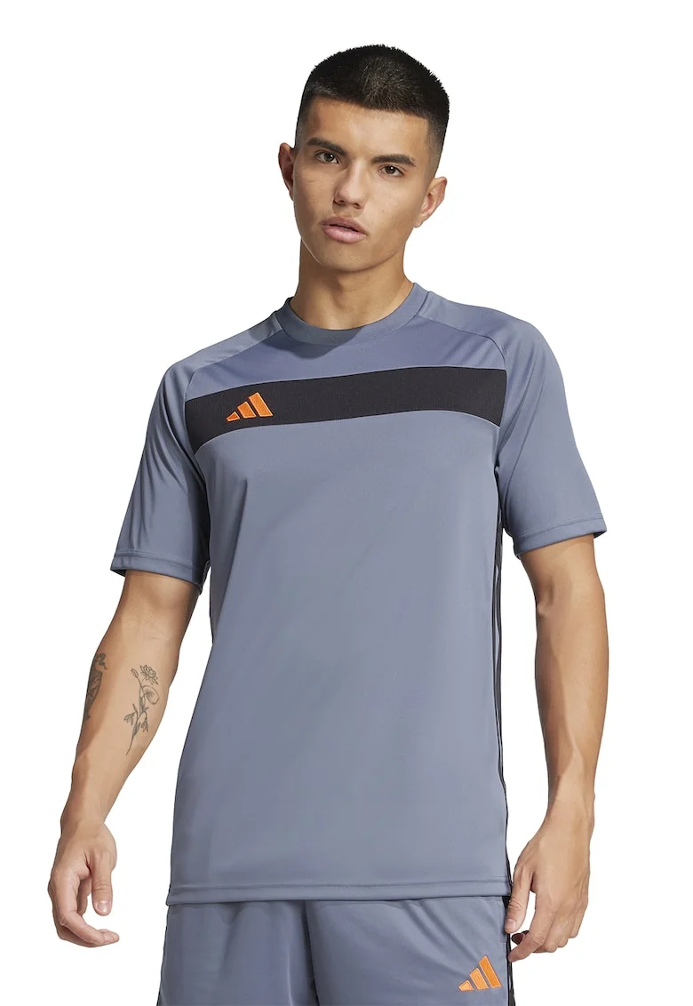 Tricou cu decolteu rotund pentru fotbal, Negru/Albastru prafuit