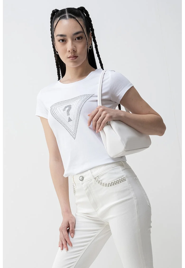 Tricou cu decolteu la baza gatului si logo cu strasuri, Alb