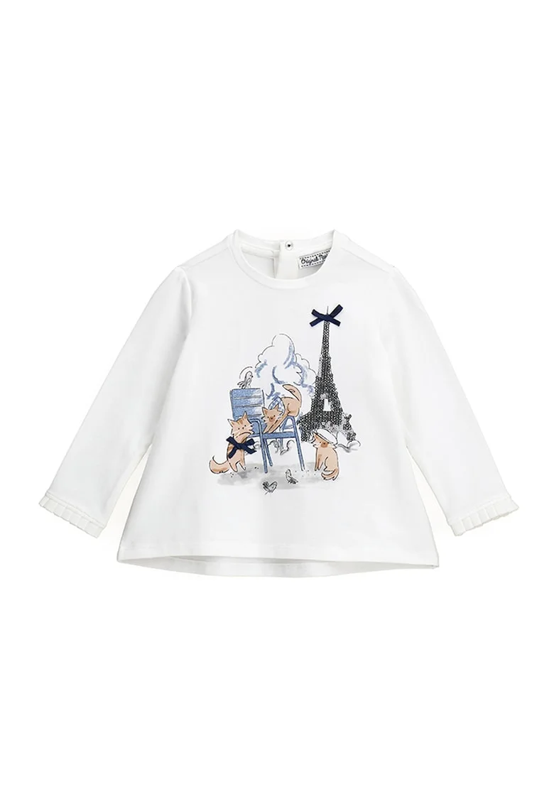 Bluza evazata cu imprimeu grafic, Alb/Maro/Albastru