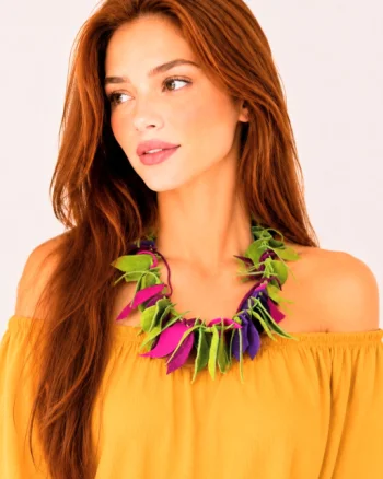 Colier handmade din piele naturala,nuante mov ,olive, fuchsia