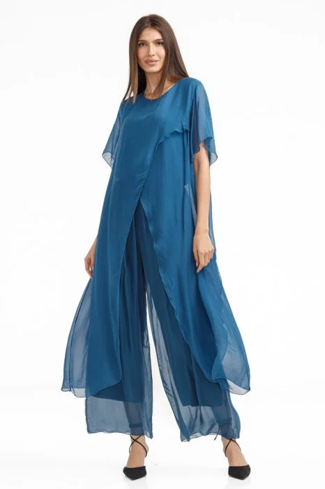 Compleu cu pantaloni lejeri si bluza fluida in colturi lungi, din matase si vascoza, turcoaz inchis