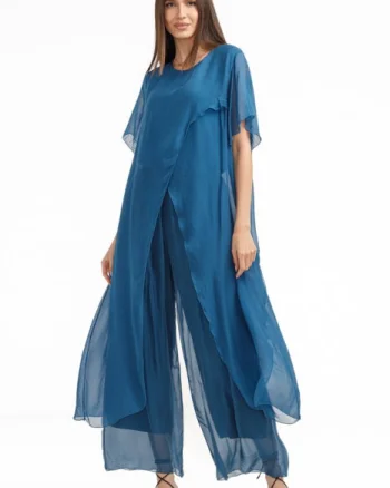 Compleu cu pantaloni lejeri si bluza fluida in colturi lungi, din matase si vascoza, turcoaz inchis