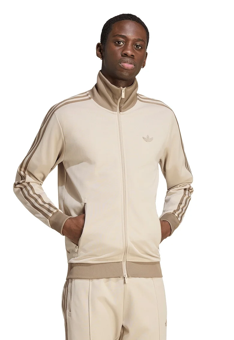 Bluza de trening cu fermoar si logo Beckenbauer, Bej/Gri maroniu
