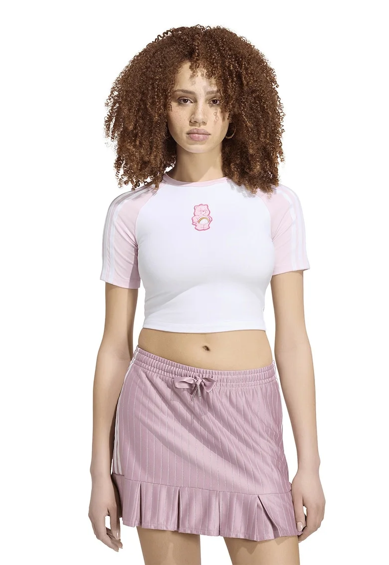 Tricou crop cu maneci raglan, Alb/Roz deschis