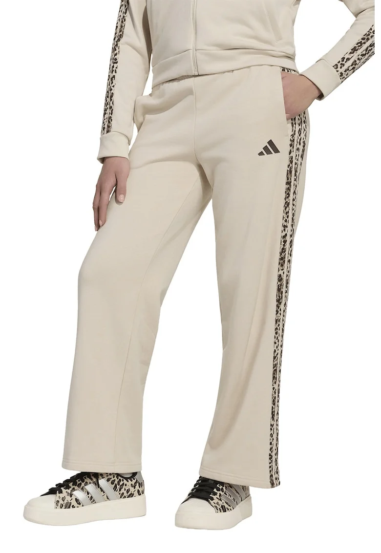 Pantaloni de trening cu croiala ampla si benzi logo laterale, Bej deschis