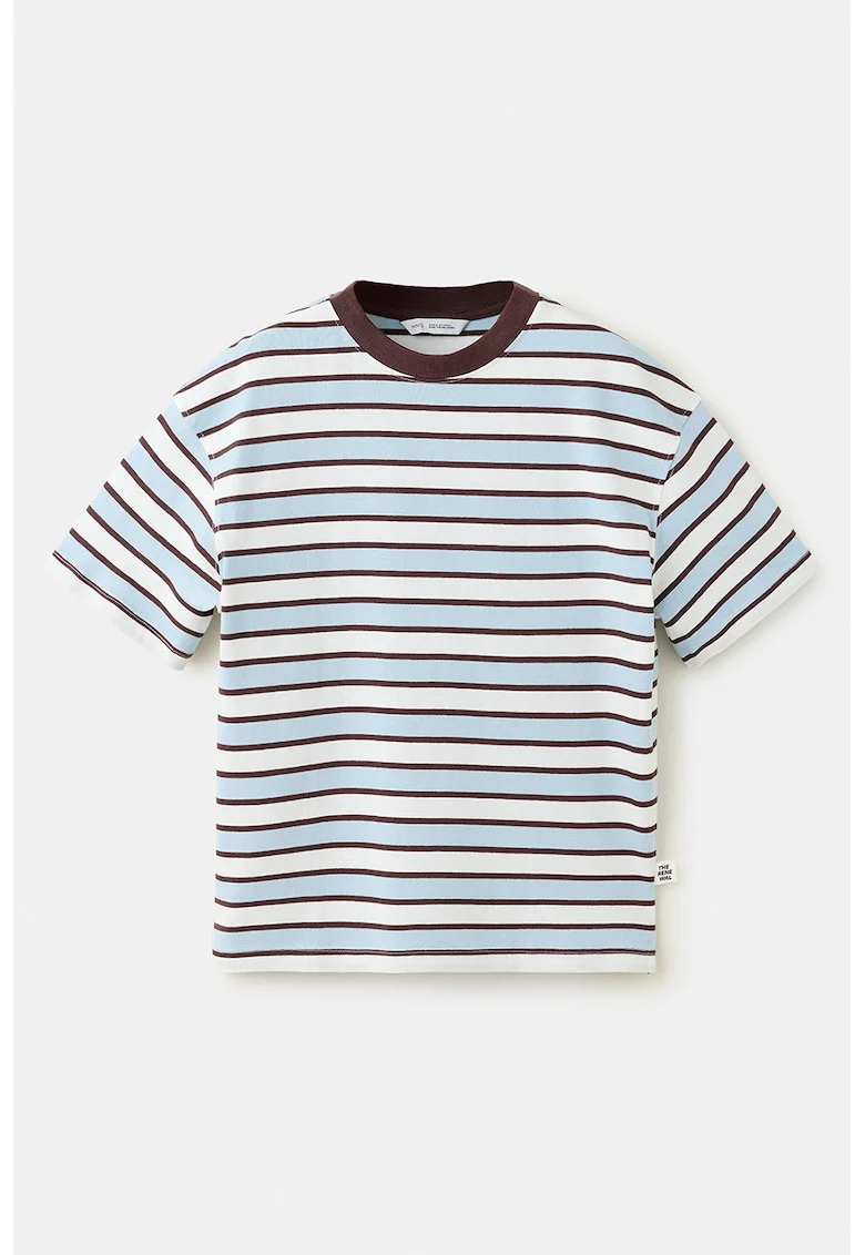 Tricou cu model in dungi si decolteu la baza gatului, Maro/Albastru/Crem