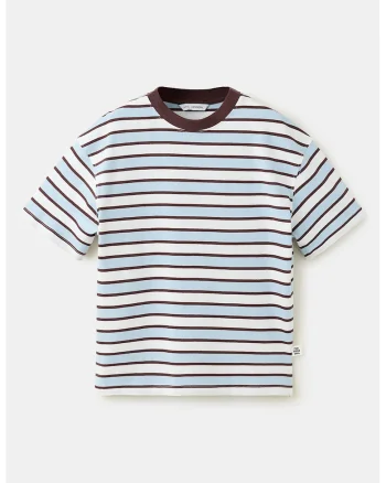 Tricou cu model in dungi si decolteu la baza gatului, Maro/Albastru/Crem