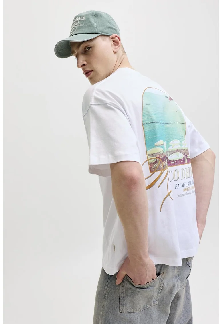 Tricou de bumbac cu imprimeu foto, Turcoaz/Alb optic