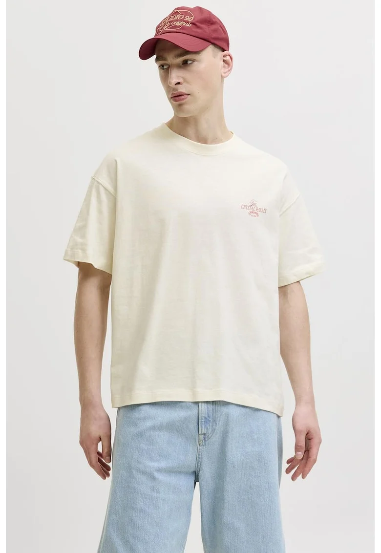 Tricou de bumbac cu imprimeu foto, Bej sampanie/Albastru deschis