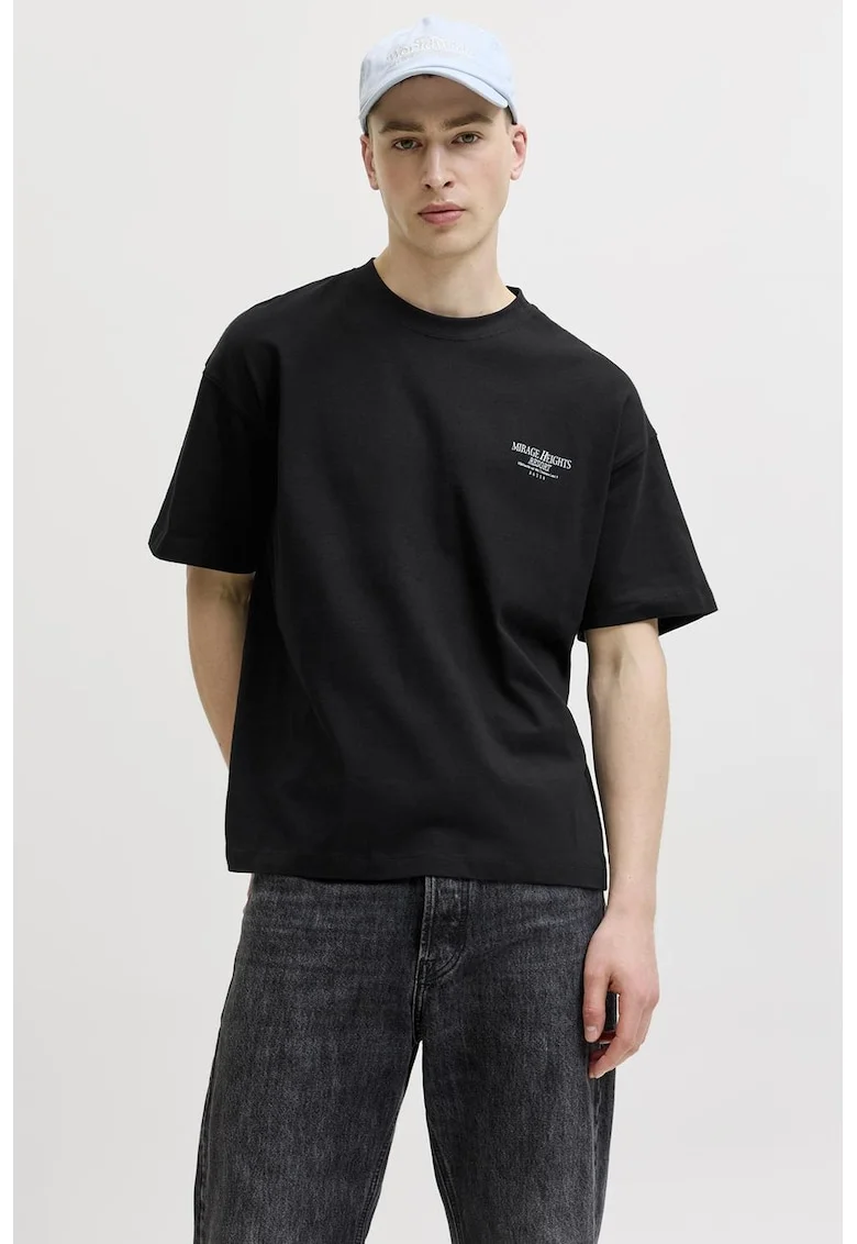 Tricou de bumbac cu imprimeu foto, Negru/Albastru