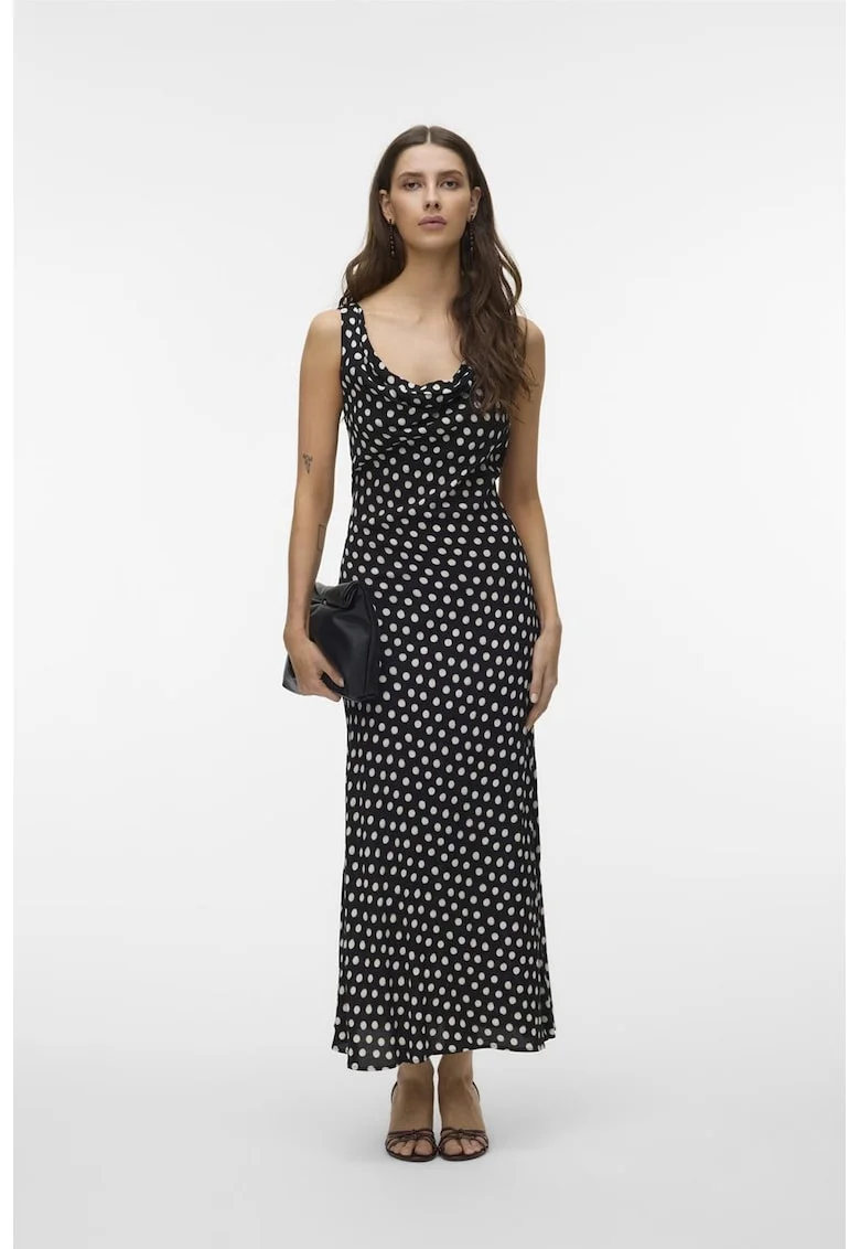 Rochie cu buline si decolteu drapat, Alb/Negru